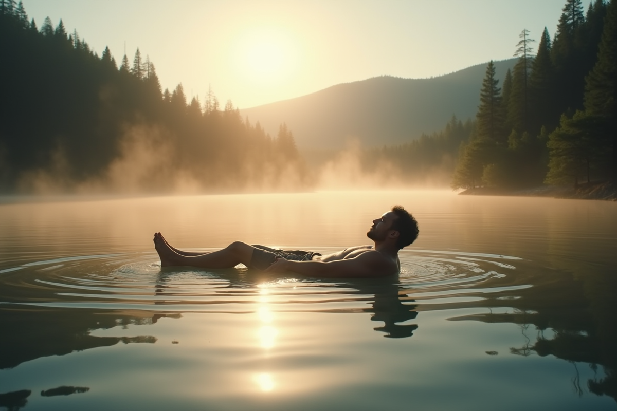 Homme flottant paisiblement dans un lac au matin
