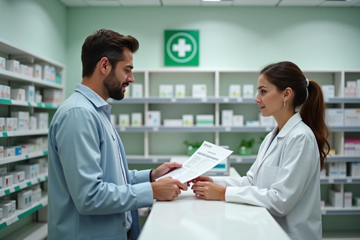 Homme remettant un formulaire de changement de situation à une pharmacienne avec sa Carte Vitale posée sur le comptoir