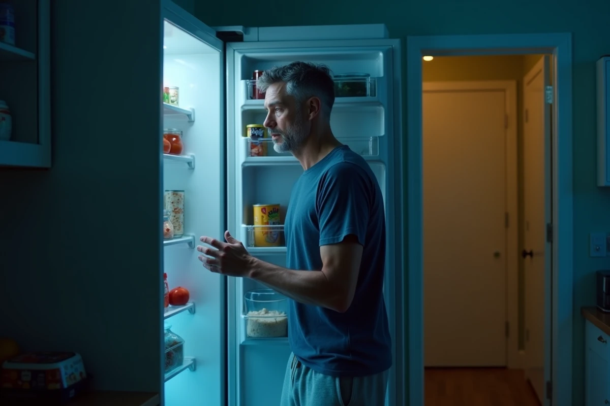 Homme qui mange la nuit devant un réfrigérateur ouvert, représentant le grignotage nocturne et la prise de poids causée par le stress chronique