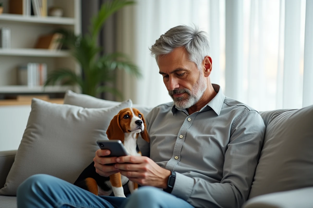 Homme lisant des avis clients sur son smartphone pour choisir une assurance pour son chien beagle