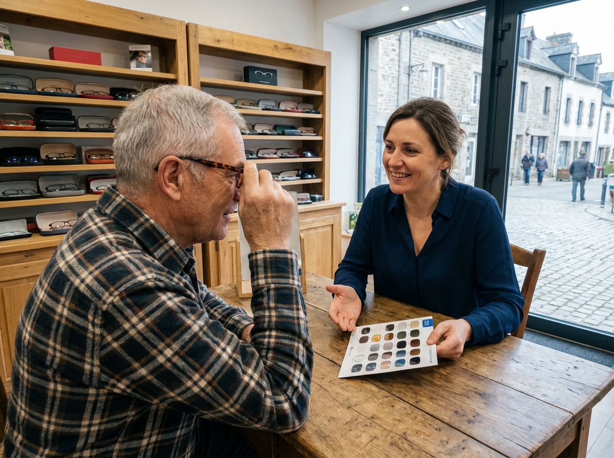 Homme âgé choisissant des lunettes avec un opticien