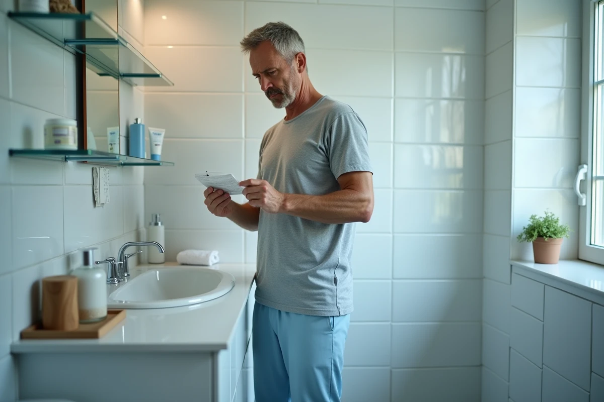 Homme lisant une ordonnance dans une salle de bain lumineuse