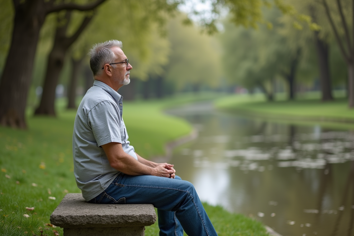 Homme méditant sur un banc dans un parc calme