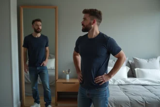 Homme regardant son reflet dans un miroir de chambre moderne