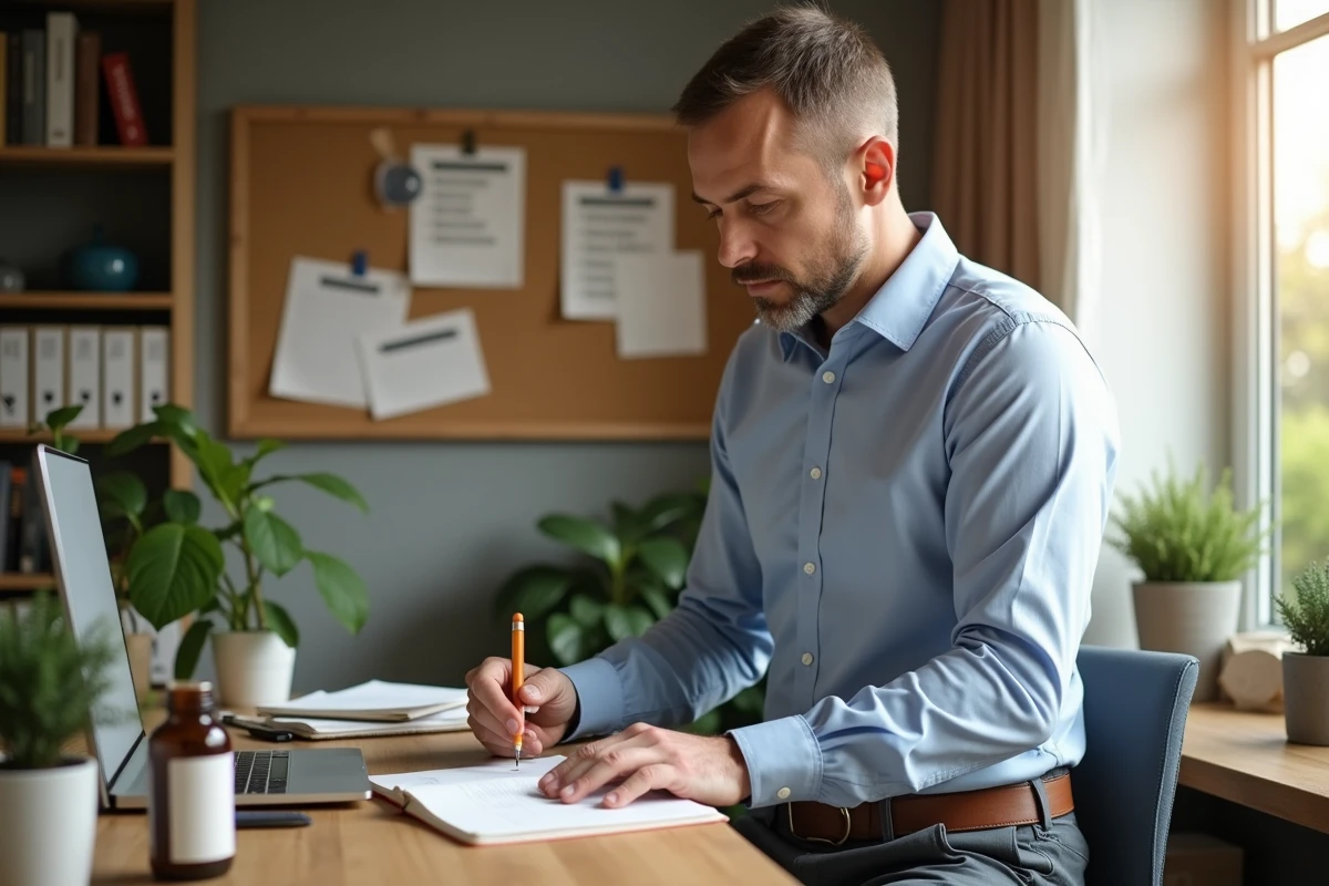 Homme prenant des notes dans un journal de bien etre au bureau