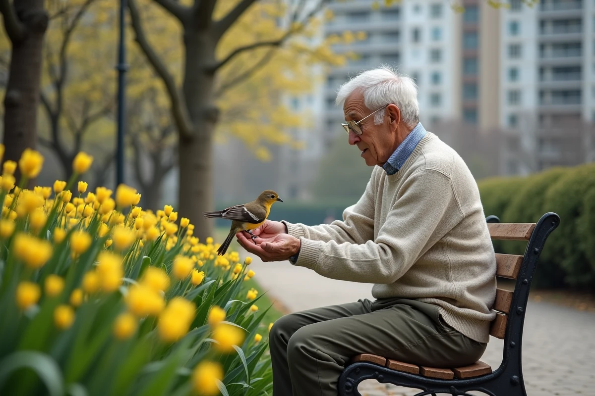 Homme âgé nourrissant des oiseaux dans un parc urbain