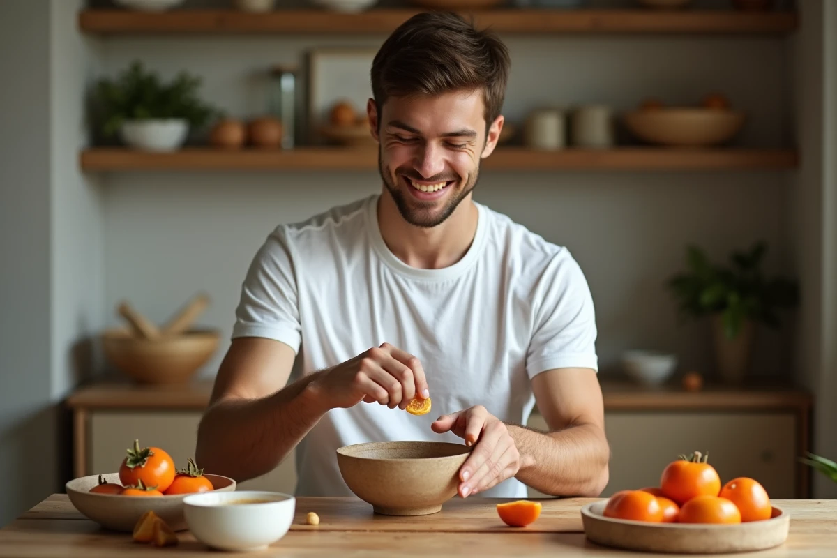 Jeune homme préparant un masque beauté à la persimmon à la cuisine
