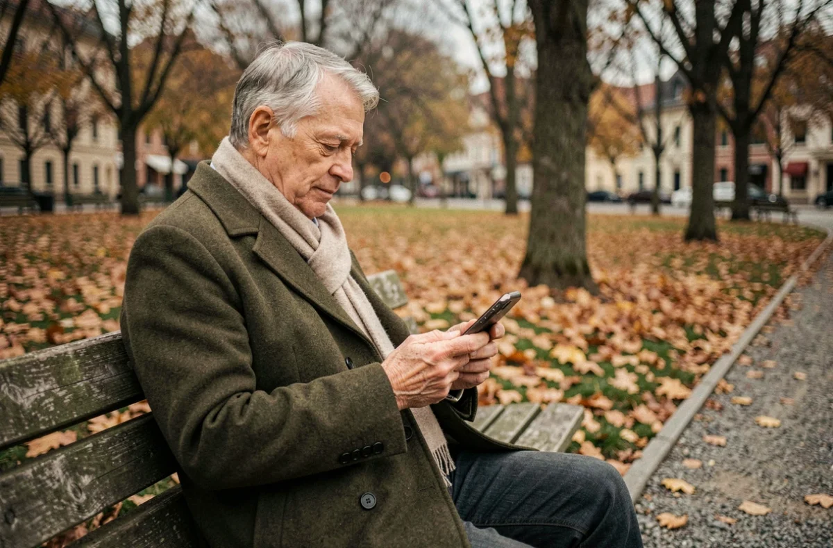 Homme âgé assis sur un banc de parc en automne consultant les résultats d'un simulateur d'espérance de vie sur son smartphone