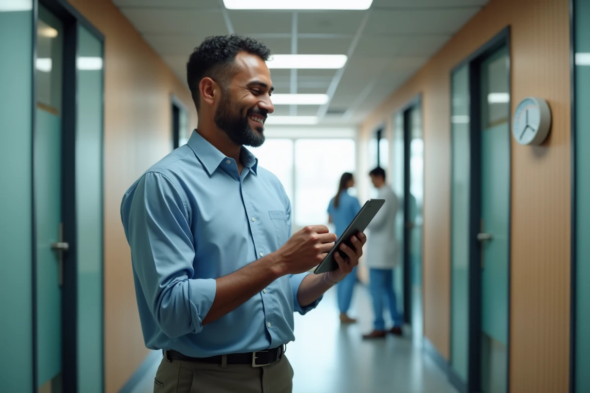 Homme souriant utilisant une tablette dans un espace de travail v&eacute;t&eacute;rinaire