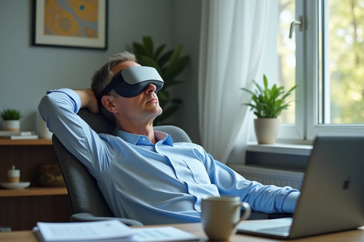 Homme au bureau utilisant un masque migraine en position relax&eacute;e