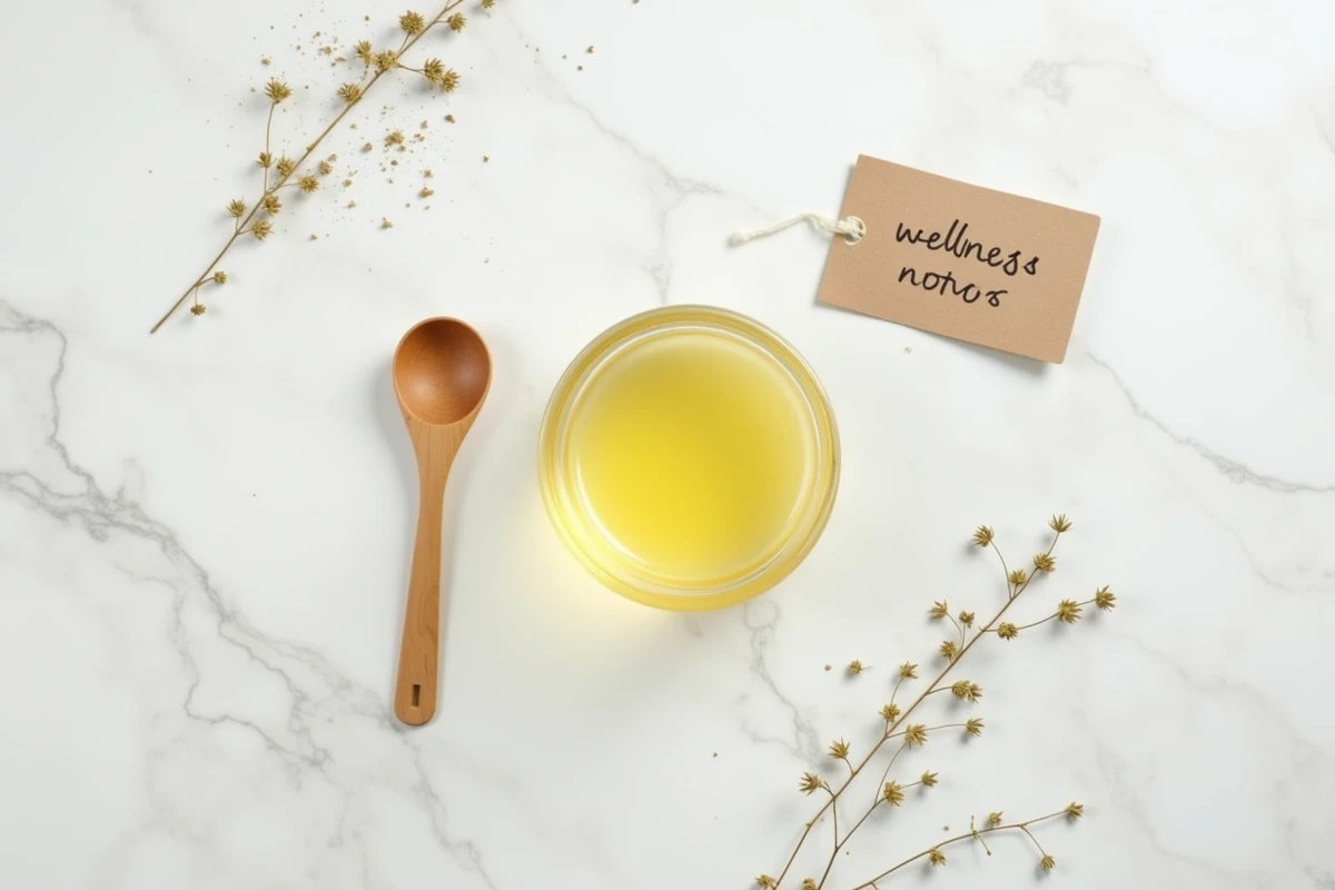 Vue de dessus d'un bol d'huile de ricin jaune pâle avec une cuillère doseuse et un carnet de bien-être sur marbre blanc, concept minceur naturelle