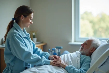 Infirmi&egrave;re en blouse bleue tenant la main d'un patient &acirc;g&eacute;