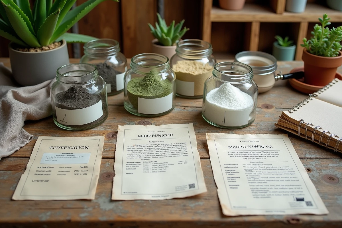 Ingrédients naturels et certifications de cosmétiques bio disposés sur une surface en bois dans un contexte d'investigation éditoriale