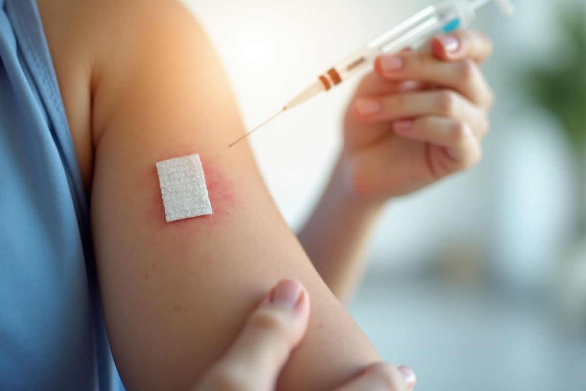 Bras avec rougeur et pansement après injection