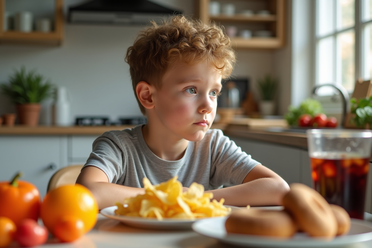 Jeune regardant des aliments sains et malsains au petit déjeuner