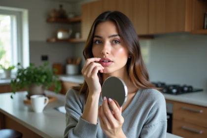Jeune femme regardant son reflet dans un miroir en cuisine