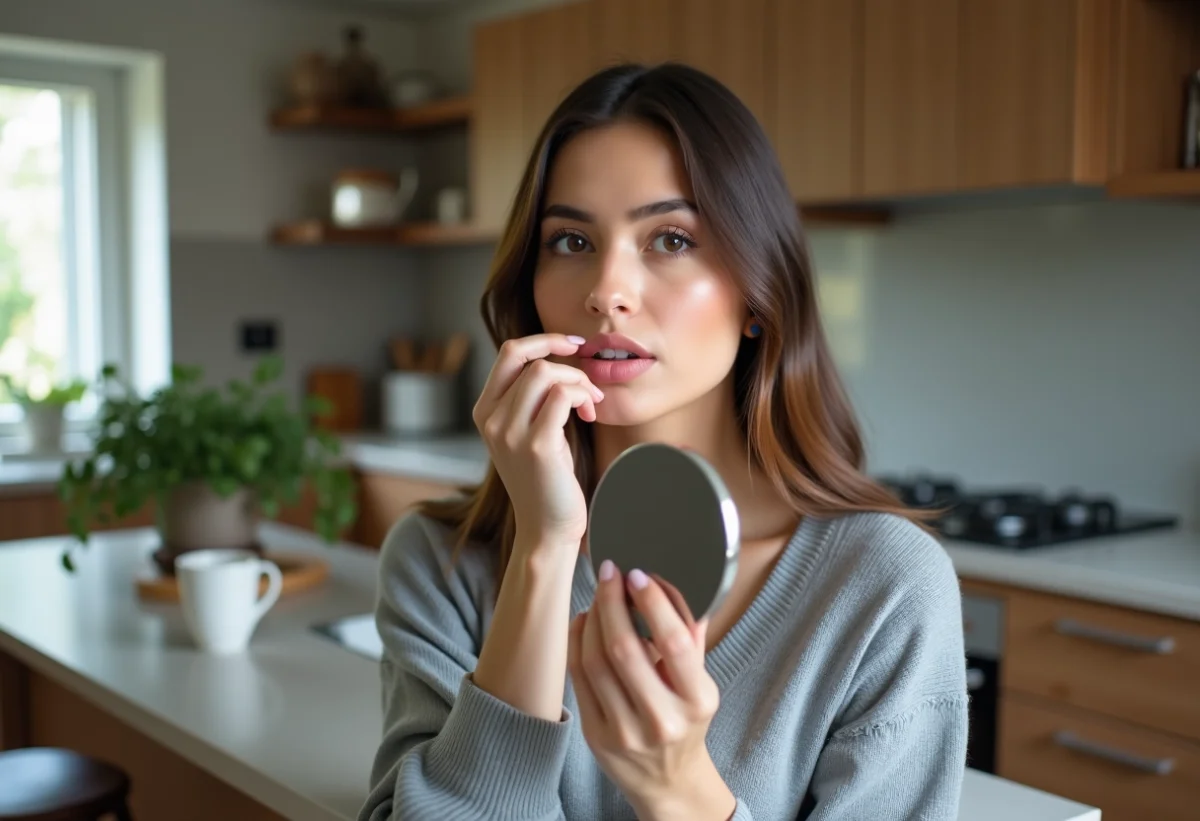 Jeune femme regardant son reflet dans un miroir en cuisine
