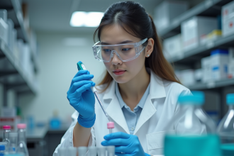 Jeune scientifique pipetant dans un laboratoire moderne