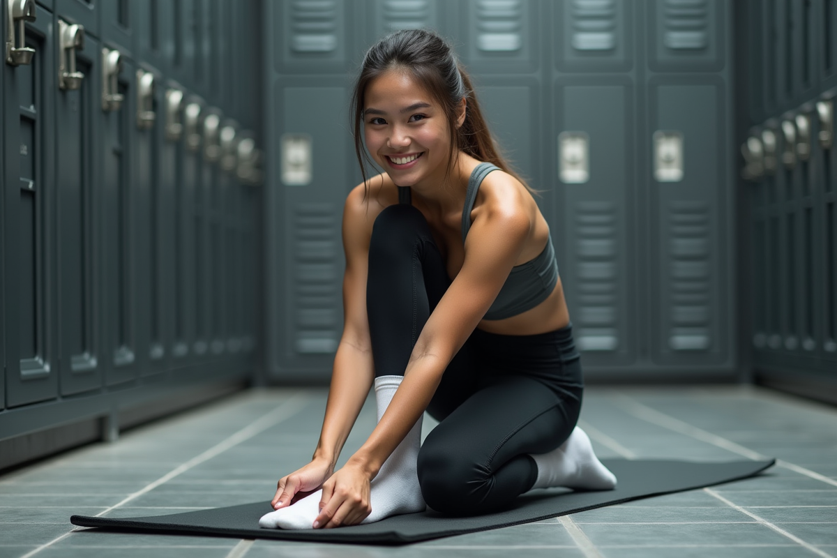 Jeune femme en sport mettant des chaussettes dans un vestiaire