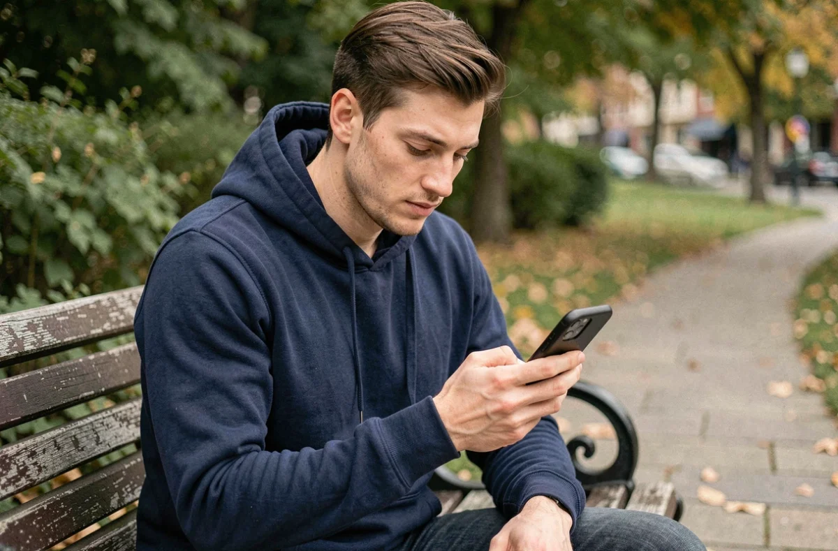 Jeune homme vérifiant une application de gestion du diabète sur son téléphone dans un parc en ville