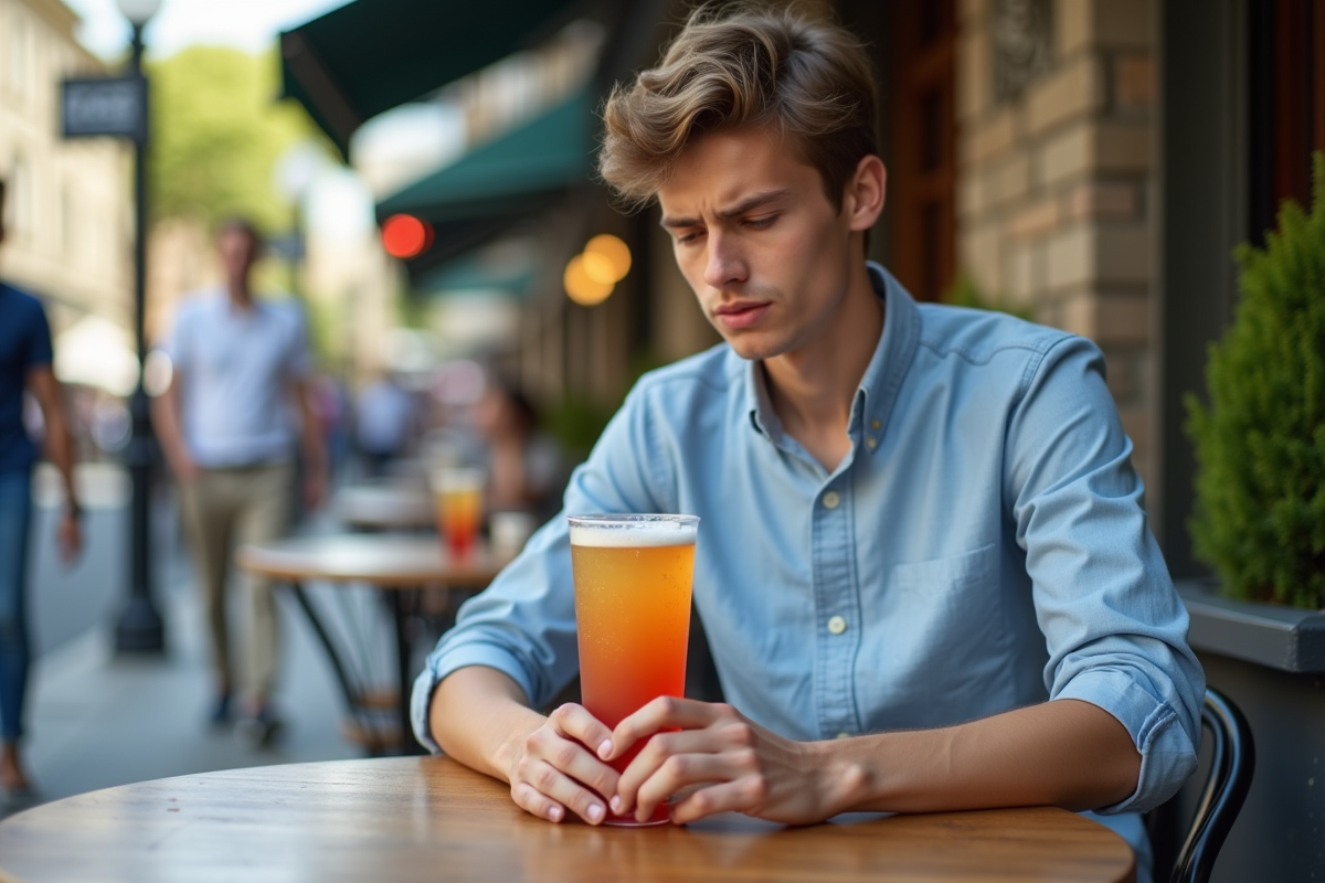 Jeune homme au café regardant une boisson énergisante colorée