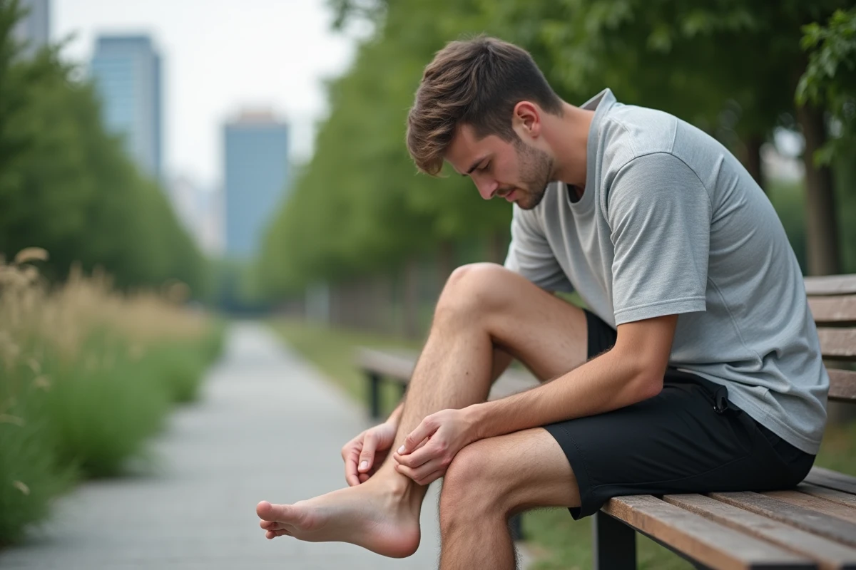 Jeune homme regardant sous son pied dans un parc urbain