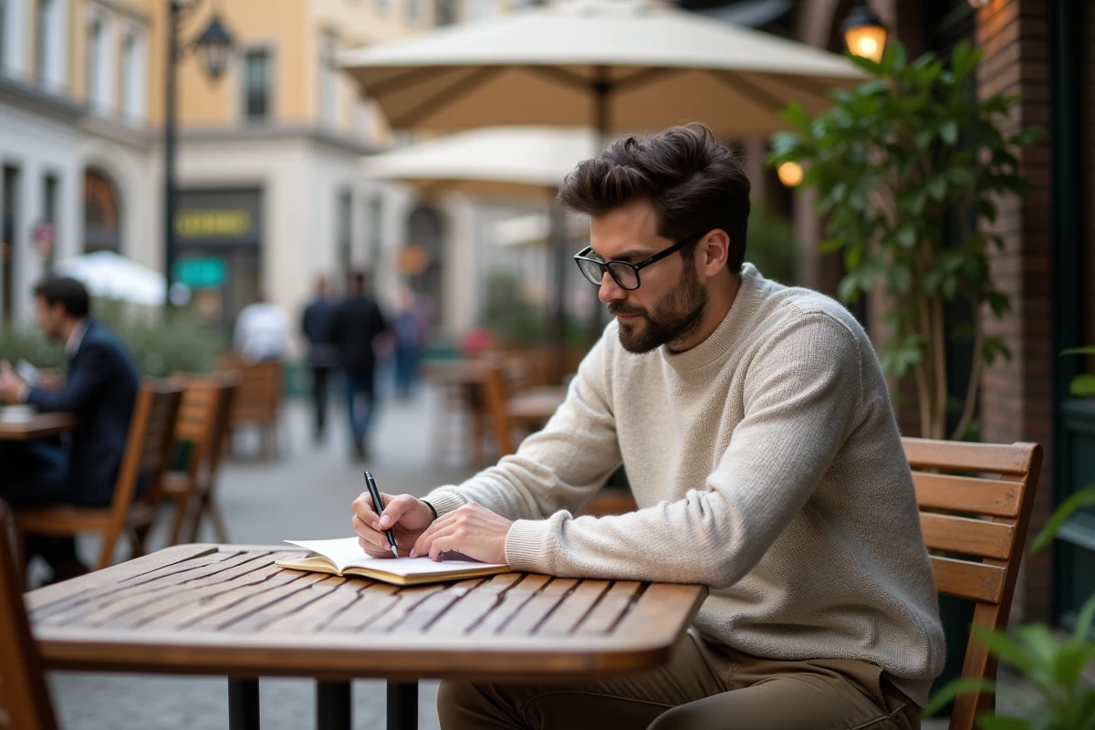 Jeune homme prenant des notes dans un caf&eacute; urbain