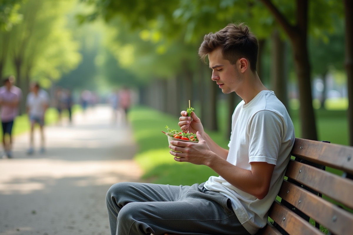 Jeune homme mangeant une salade dans un parc en plein air