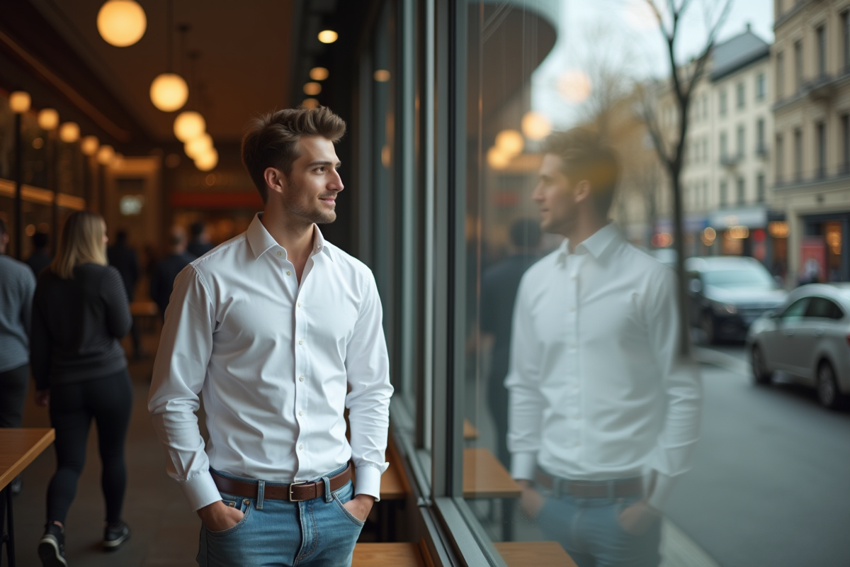 Jeune homme regardant par la fenêtre d’un café en ville
