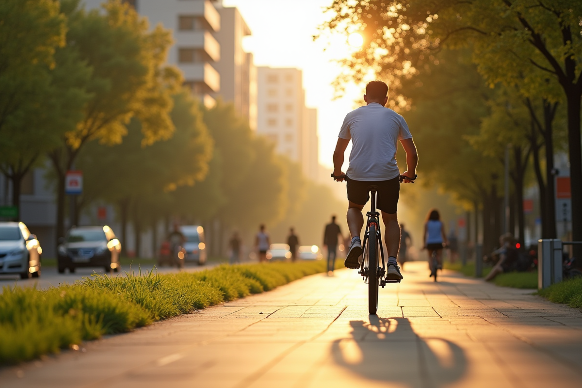 Jeune homme faisant du vélo dans une ville au matin ensoleille