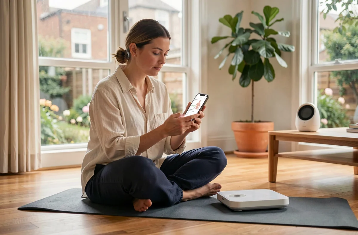 Jeune mère assise sur un tapis de yoga consultant les données de sa balance impédancemètre sur smartphone après l'accouchement