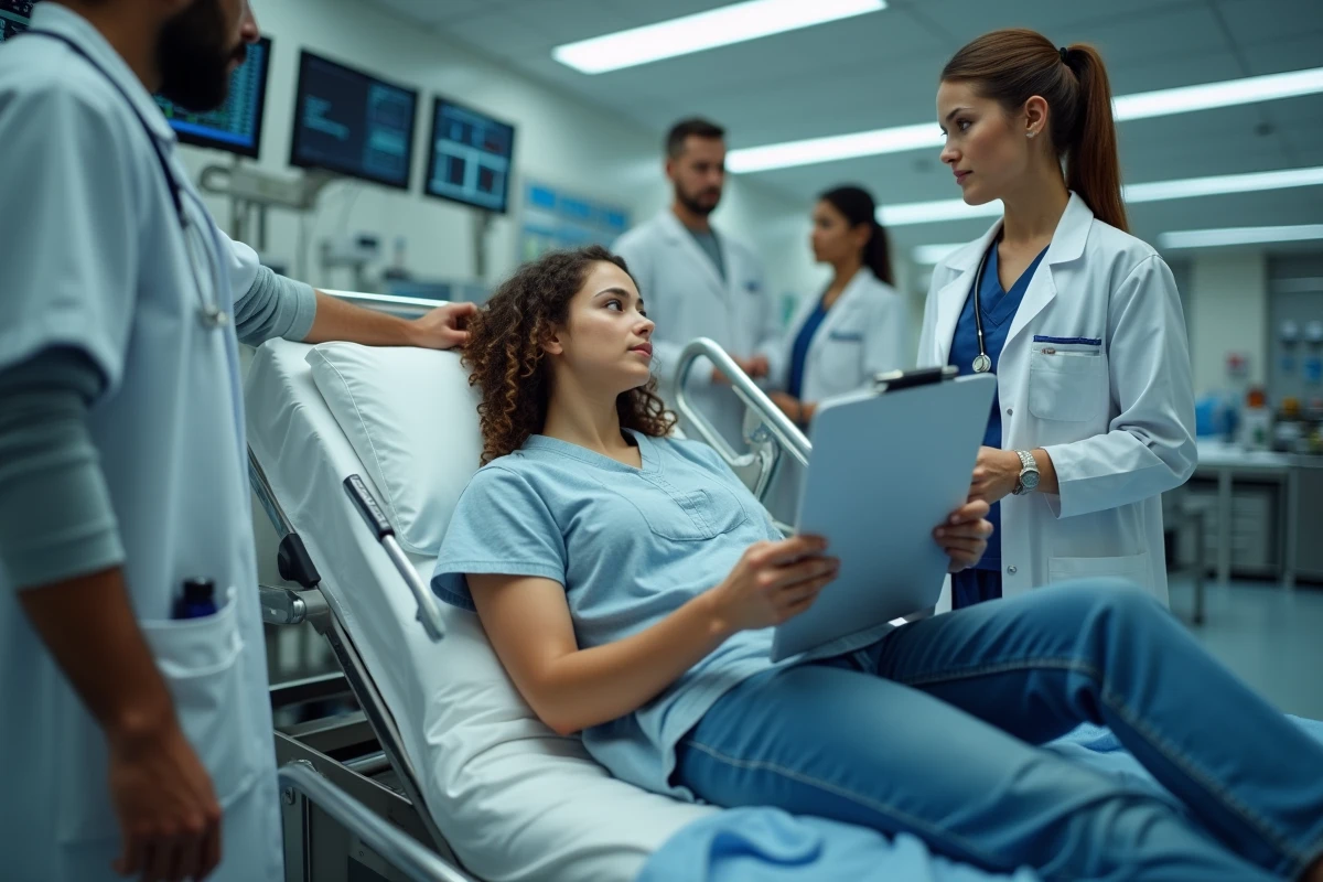 Jeune femme allongée sur un brancard dans une salle d