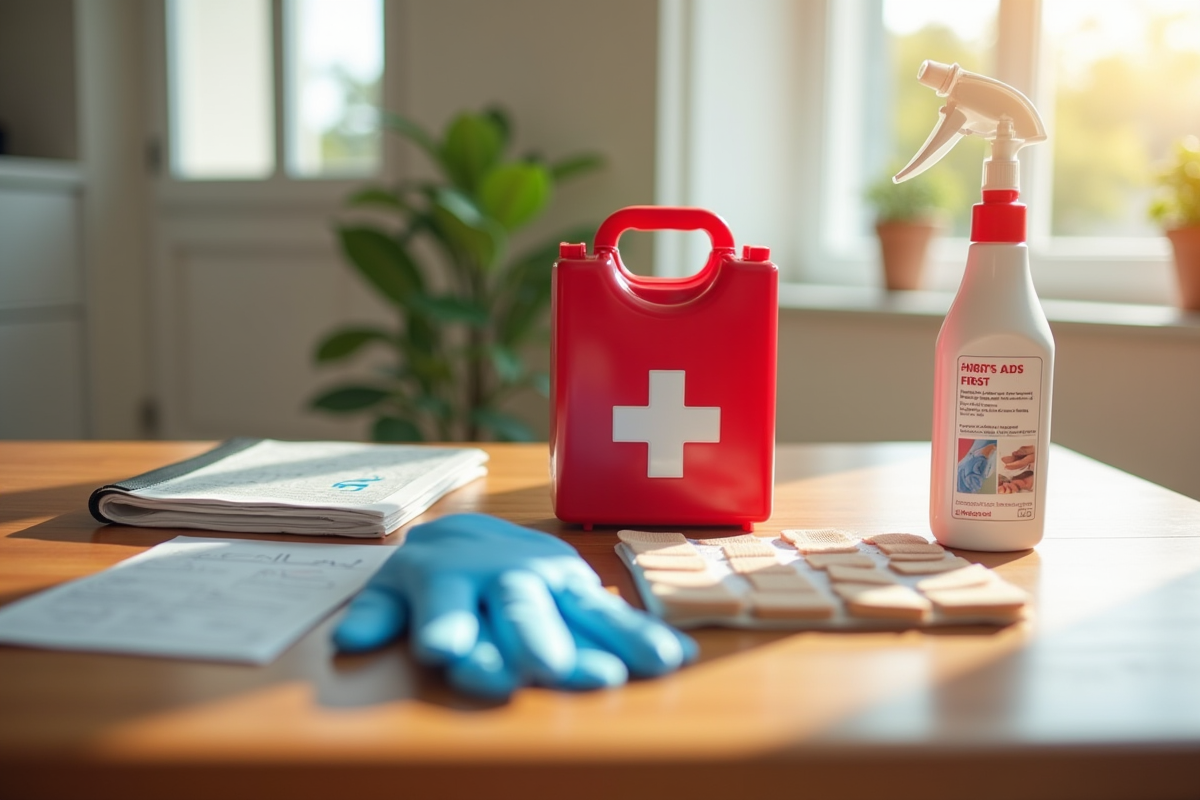 Trousse de premiers secours organisée sur une table en bois