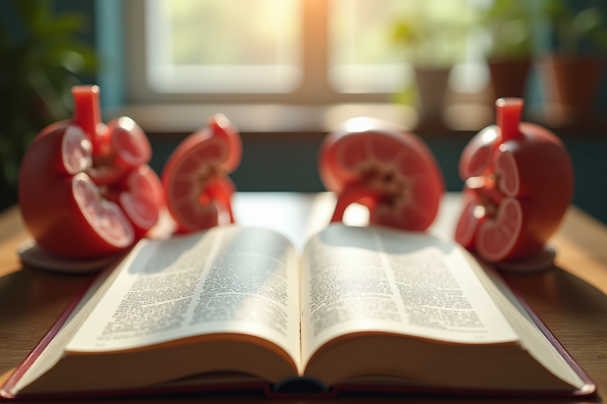 Livre médical ouvert avec modèles anatomiques sur le bureau