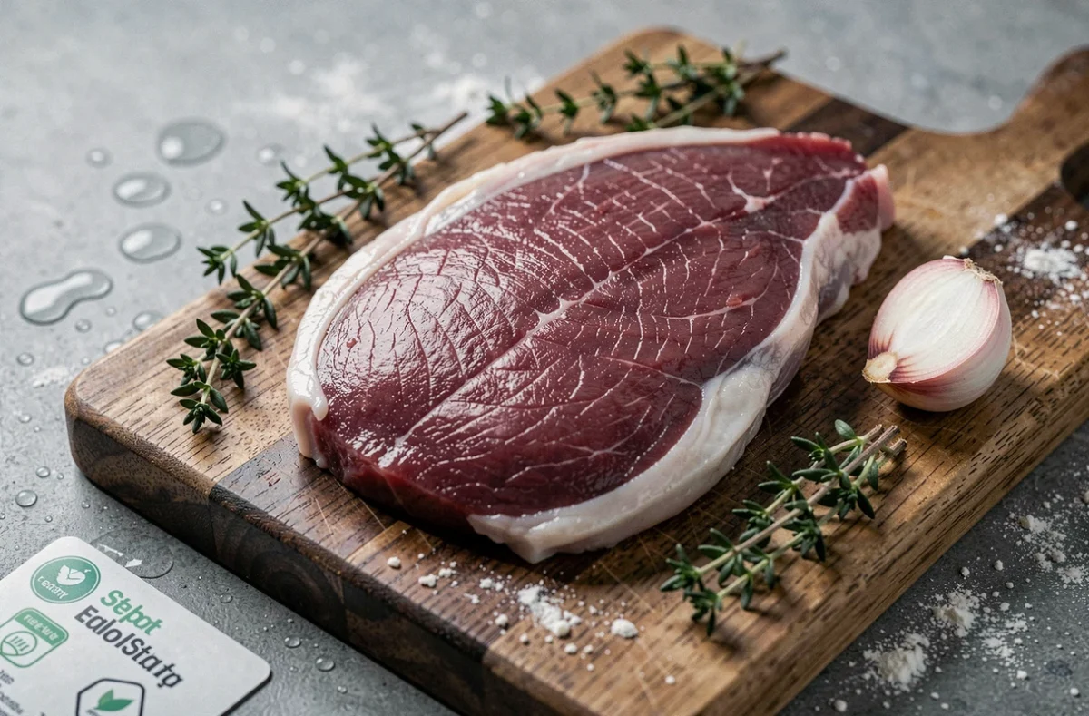 Gros plan d'un magret de canard cru sur une planche en bois avec des herbes fraîches, illustrant les précautions alimentaires pour les femmes enceintes