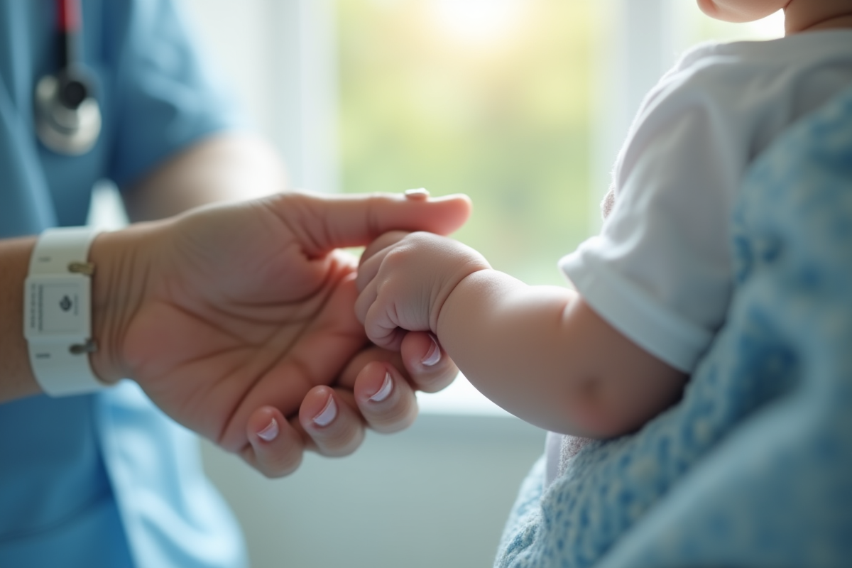 Main de bébé tenant le doigt d