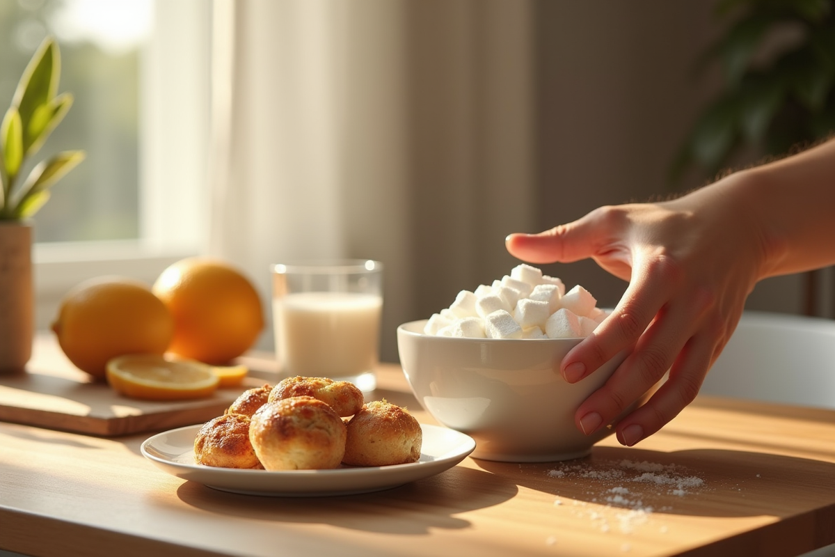 Main repoussant un bol de sucre et pâtisseries sur table ensoleillée
