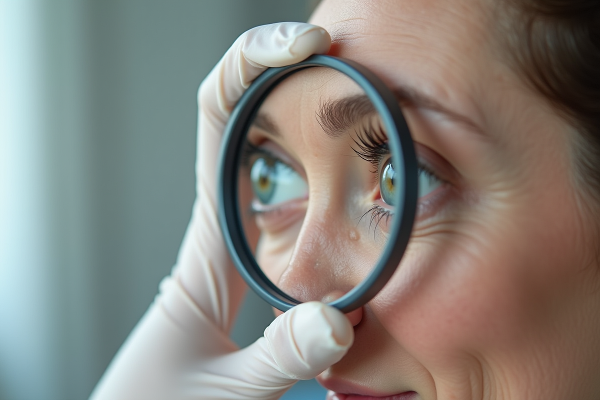 Zoom sur une main tenant une loupe montrant des rides et taches de vieillesse