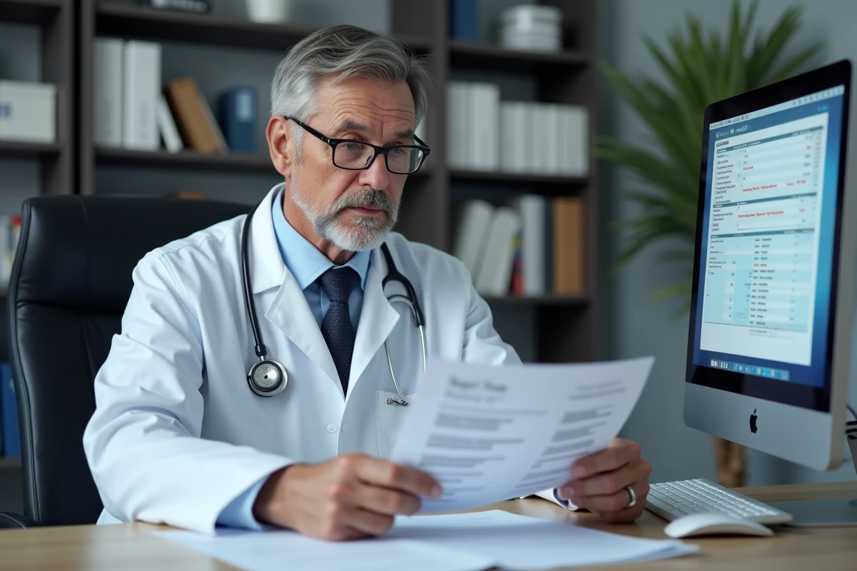 Médecin analysant des résultats de bilan hépatique avec transaminases SGOT en cabinet médical