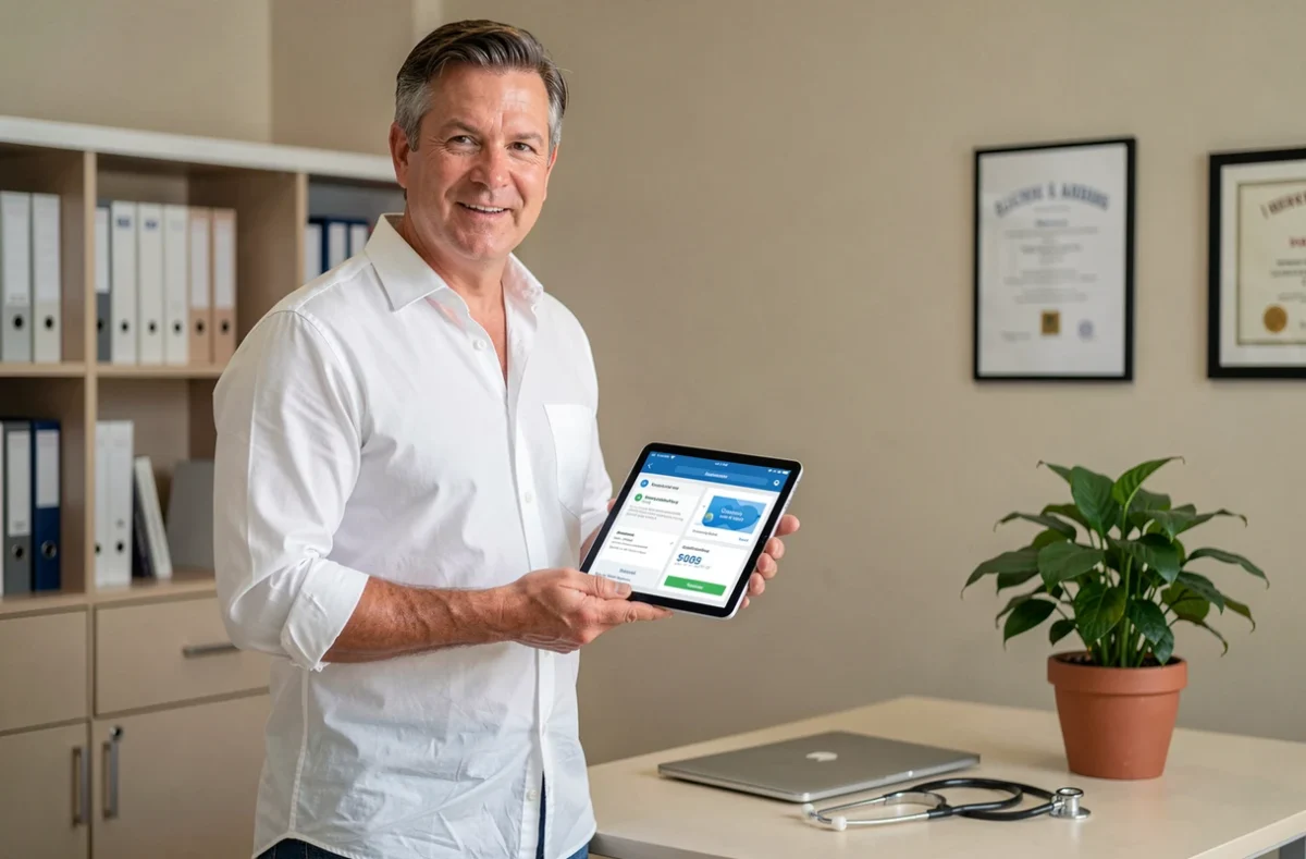Médecin consultant une application santé diabète sur tablette dans un cabinet médical moderne