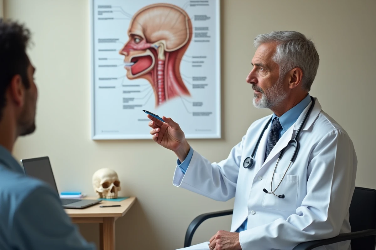 Médecin expliquant les causes d'une brûlure au palais à l'aide d'un diagramme anatomique de la bouche lors d'une consultation