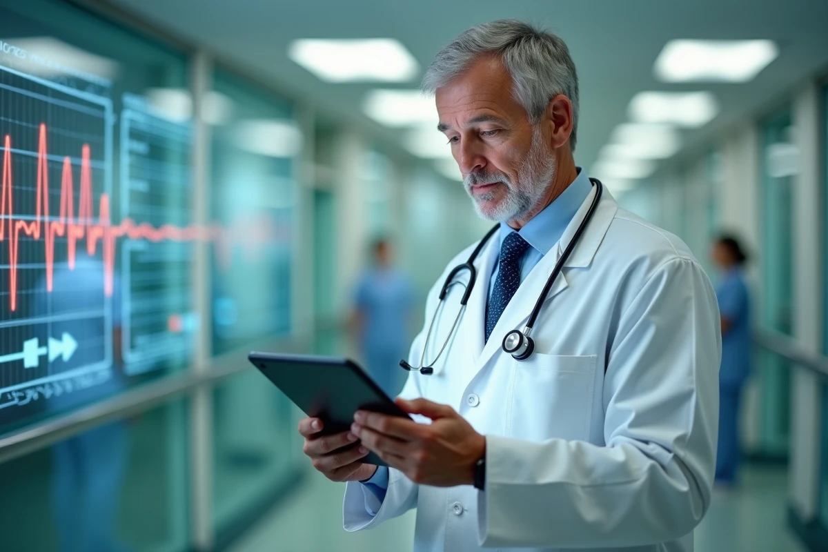 Médecin consultant un dossier patient numérique sur tablette dans un couloir hospitalier spécialisé en cardiologie