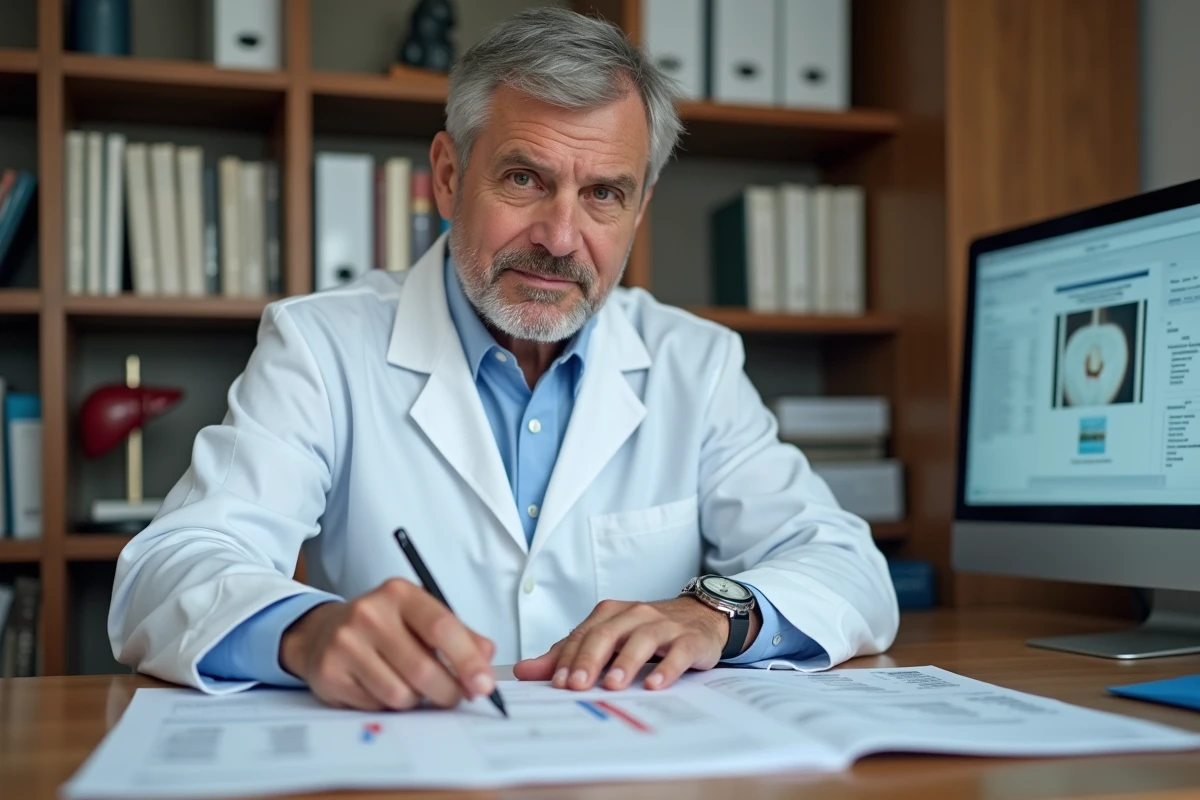 Médecin expliquant des résultats d'analyses biologiques liés aux symptômes d'un problème de foie