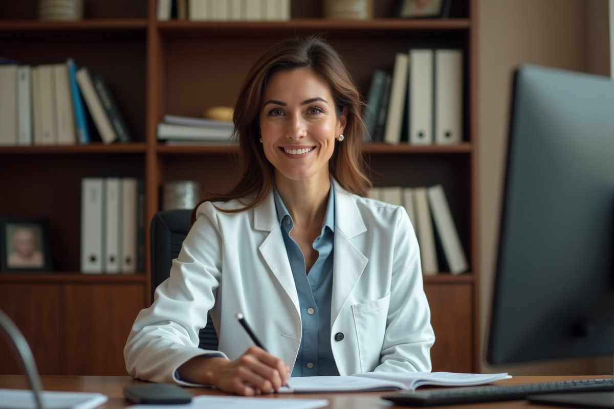Medecin femme en robe blanche dans un bureau élégant