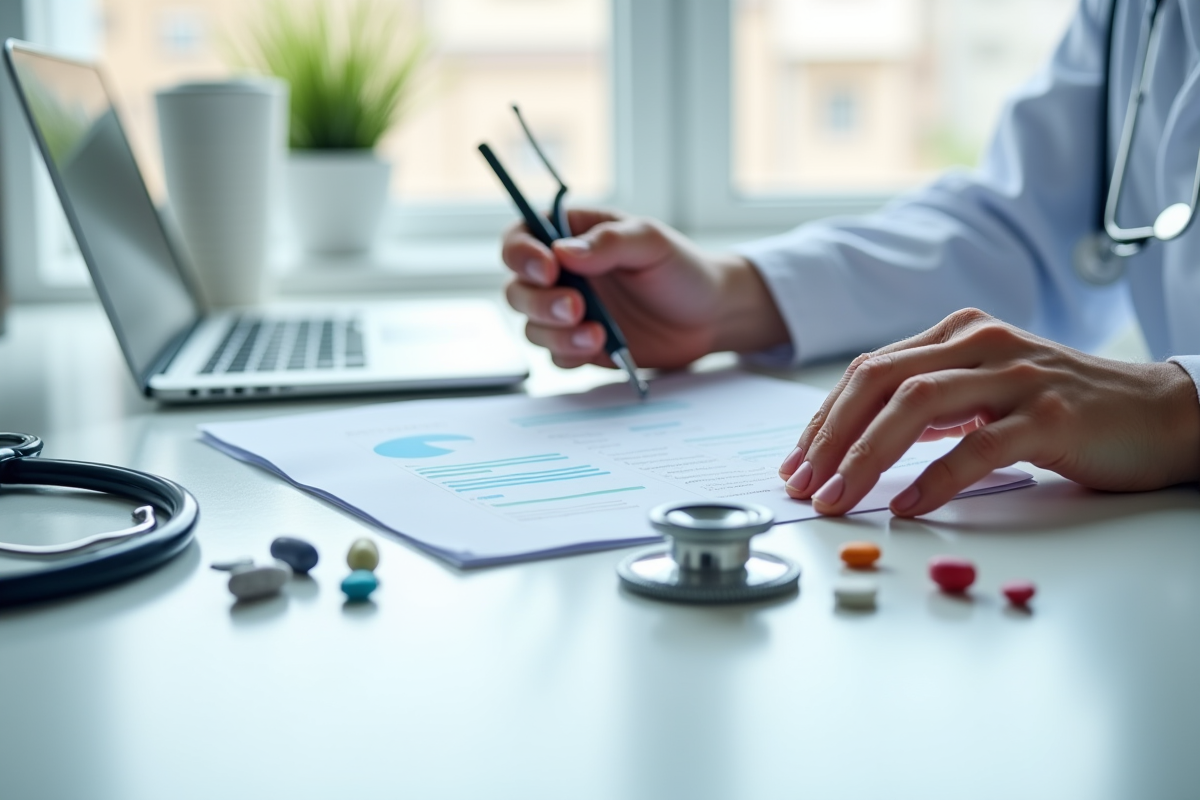 Docteur avec médicaments et tablette sur un bureau clair