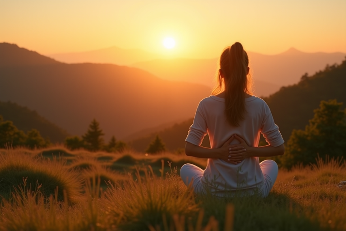 Personne méditant sur une colline au lever du soleil