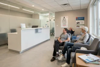 Salle d'attente moderne d'un centre ophtalmologique en Essonne avec des patients et un bureau d'accueil professionnel