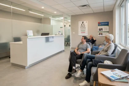 Salle d'attente moderne d'un centre ophtalmologique en Essonne avec des patients et un bureau d'accueil professionnel