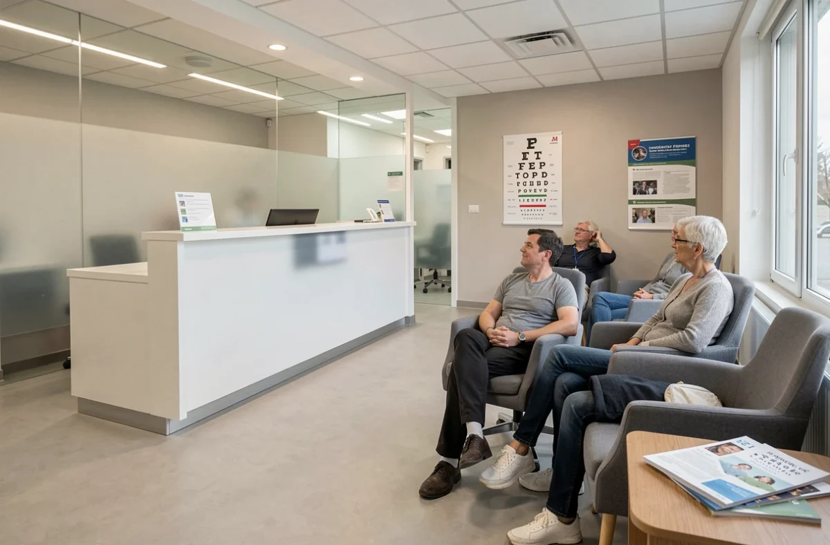 Salle d'attente moderne d'un centre ophtalmologique en Essonne avec des patients et un bureau d'accueil professionnel