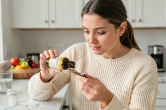 Mère versant de l'huile de foie de morue dans une cuillère doseuse pour son enfant dans une cuisine moderne